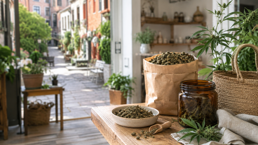 CBD trim and shake in an unbranded pouch and amber jar inside a natural European hemp shop.