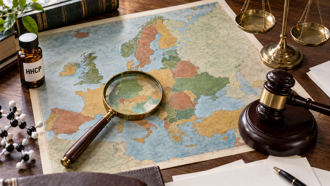 Colour-coded map of Europe with an HHCP sample, molecular model, magnifying glass, legal scales and judge’s gavel representing HHC-P laws in 2026.