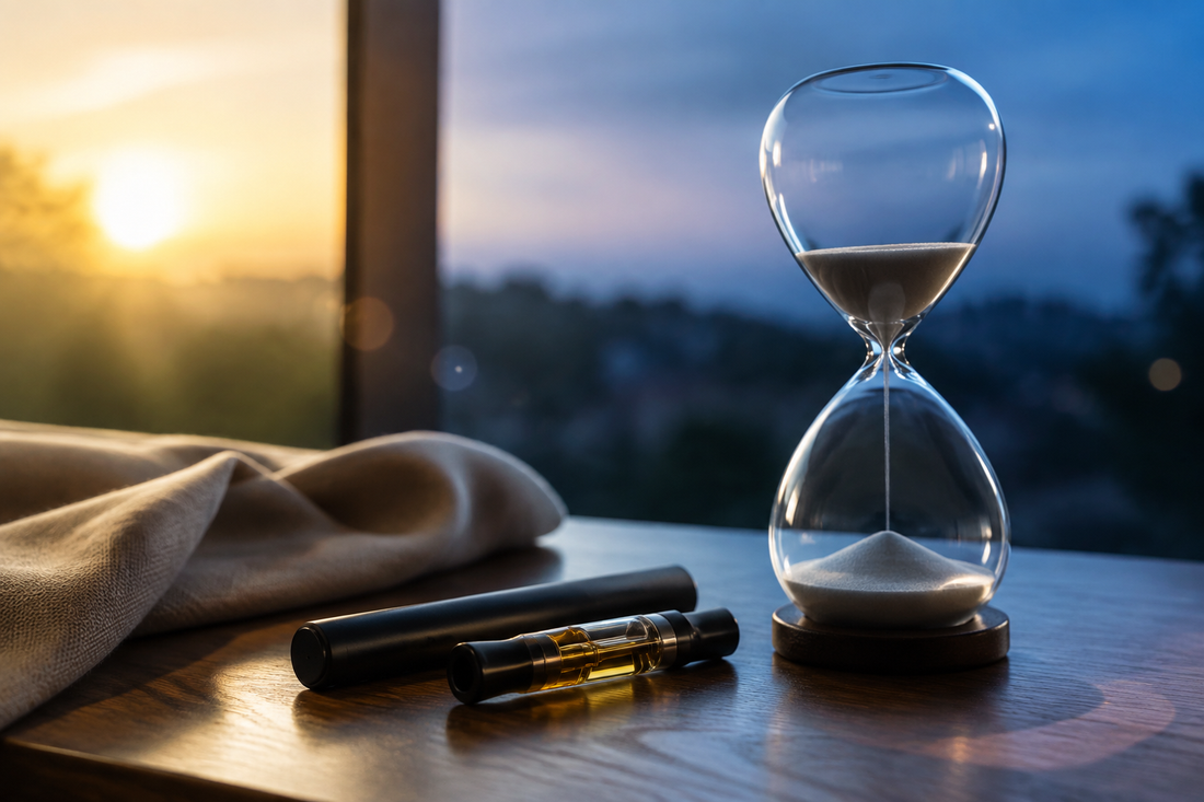 Unbranded THCX vape pen and amber cartridge beside an hourglass as warm sunset light transitions into a cool evening atmosphere.