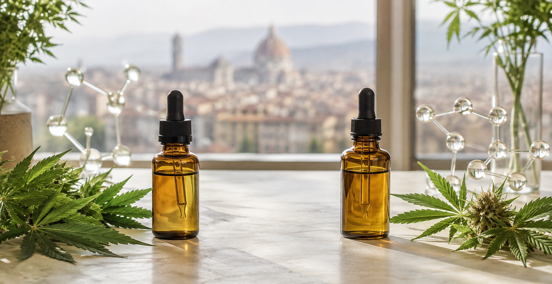 Two unlabelled amber dropper bottles displayed with different hemp arrangements and glass molecular models overlooking a European city.