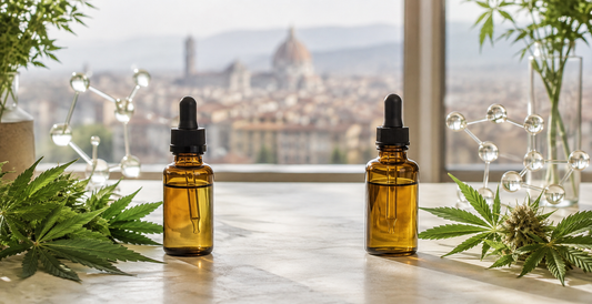 Two unlabelled amber dropper bottles displayed with different hemp arrangements and glass molecular models overlooking a European city.