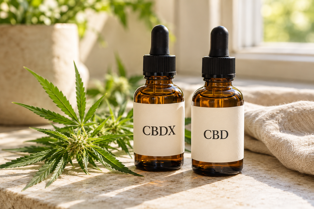 Amber dropper bottles labeled CBDX and CBD beside a fresh hemp sprig and linen cloth on a sunlit stone surface.