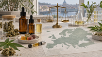 Legal THC alternatives displayed with cannabinoid oils, gummies, vape cartridge, hemp flower, balanced scales and a map of Europe.