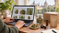 Customer comparing CBD flower online beside premium buds, quality-checking tools and secure packaging in a European setting.