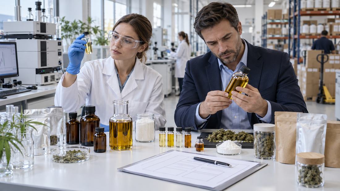 European wholesale buyer and laboratory specialist inspecting CBD oils, terpene samples, cannabinoid distillates, isolates and bulk packaging in a quality-control facility.