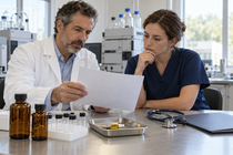 Scientist and clinician reviewing paperwork beside unlabelled amber bottles, sample vials, a vape cartridge and a stethoscope in a laboratory.