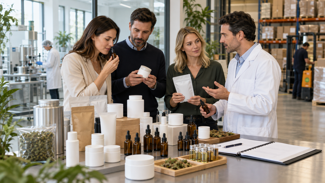 European shop owner, brand manager and distributor inspecting wholesale CBD oils, jars, pouches and private-label packaging with a supplier.
