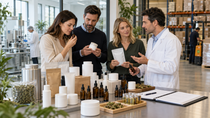 European shop owner, brand manager and distributor inspecting wholesale CBD oils, jars, pouches and private-label packaging with a supplier.