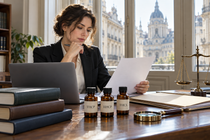 Legal researcher reviewing paperwork beside a laptop, THCP, HHCP and THCX bottles, law books and brass balance scales in a European office.