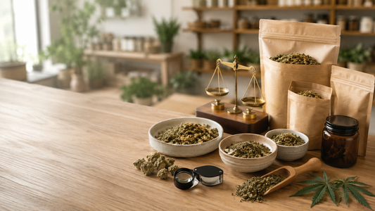 Affordable CBD shake in plain pouches and ceramic bowls with a quality-inspection loupe and balance scale.
