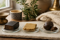 Afghan-style dark THCX hash, Moroccan-blond pressed hash and hand-rolled Nepalese-style hash displayed side by side for comparison.