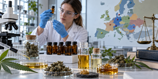 Scientist testing new cannabinoid extracts beside hemp samples, laboratory equipment, legal scales and a map of Europe.