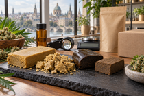 Different types of CBD hash displayed with hemp flowers, quality-checking tools and secure packaging in a European setting.