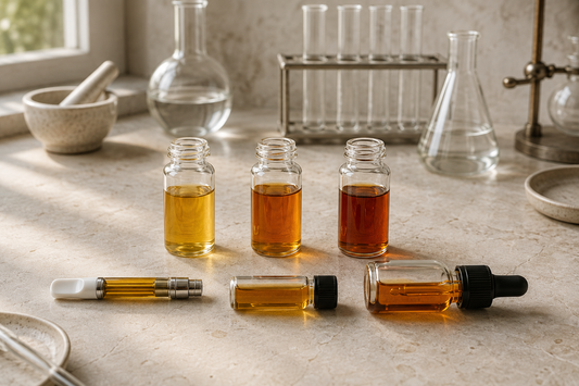 “Three unmarked vials containing different shades of amber distillate arranged with a cartridge, sample vial, and dropper bottle on a laboratory workbench.”