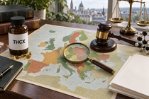 THCX-labelled product bottle beside a colour-coded map of Europe, magnifying glass, molecular model, legal scales and judge’s gavel.