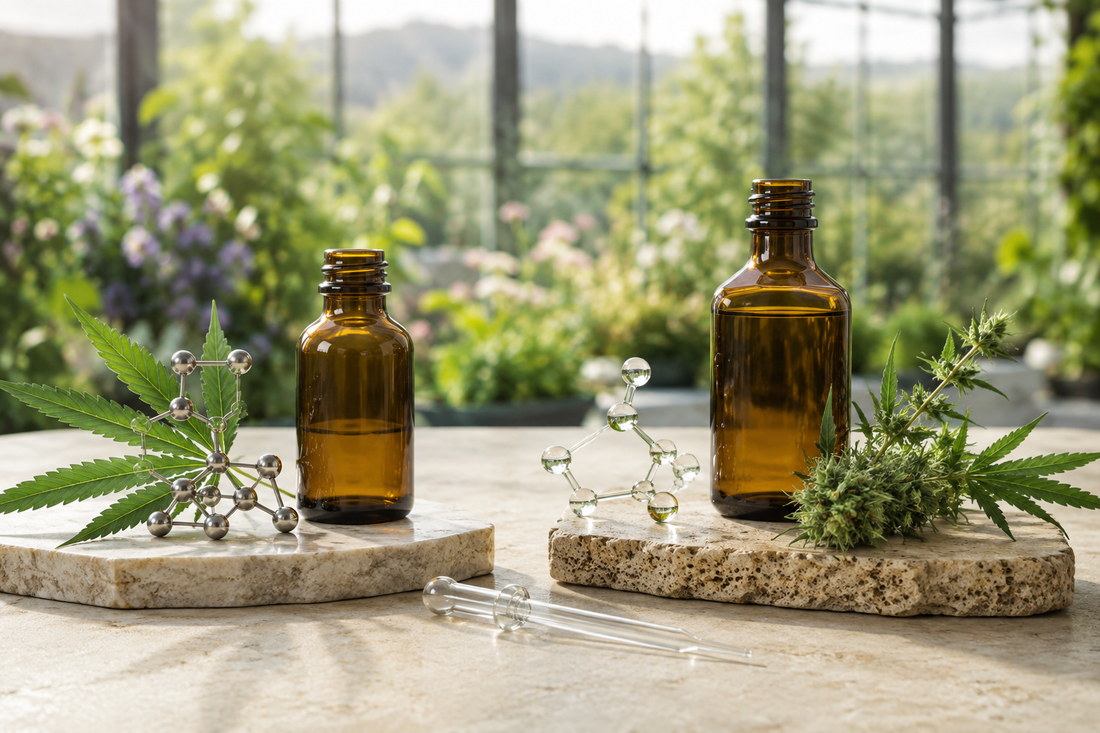 Two unlabelled amber bottles displayed with different molecular models, hemp leaves, and flowers on stone slabs inside a sunlit greenhouse.