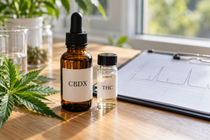 Amber dropper bottle labeled CBDX beside a clear THC sample vial, cannabis leaves and a laboratory chart on a sunlit wooden bench.