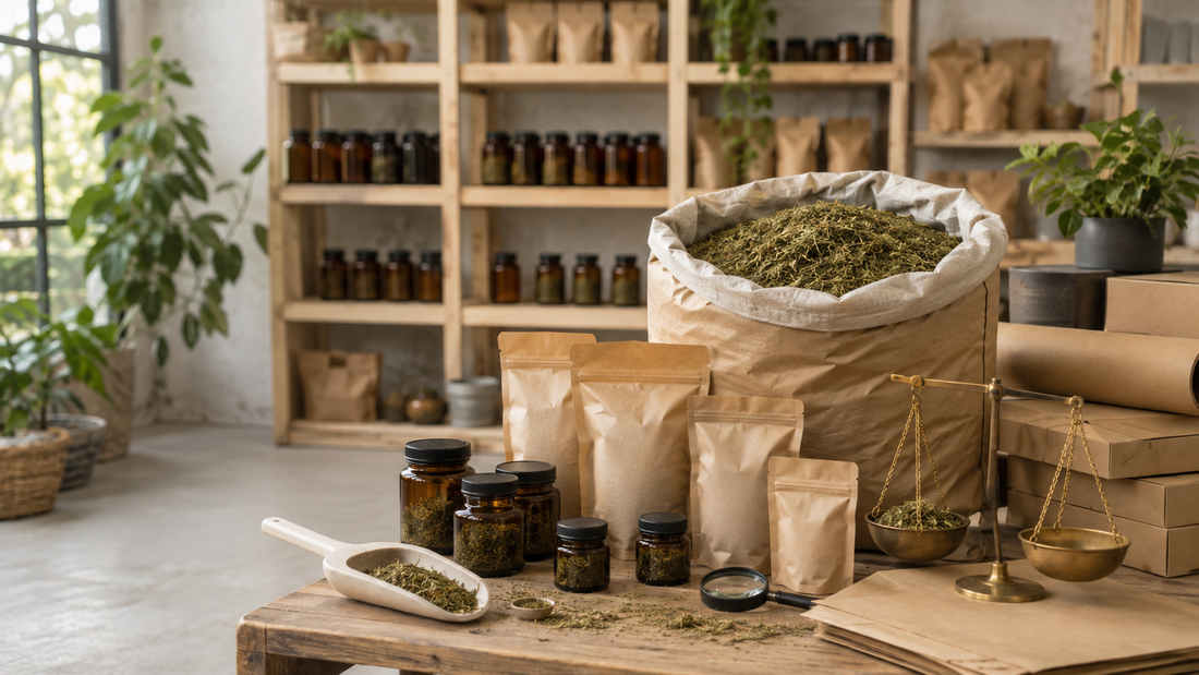 Bulk CBD trim with unbranded wholesale pouches, amber jars, weighing scales and shipping boxes in a European distribution studio.