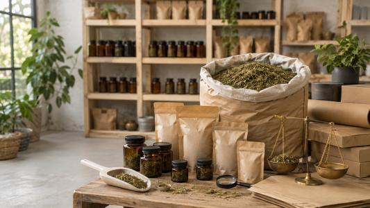Bulk CBD trim with unbranded wholesale pouches, amber jars, weighing scales and shipping boxes in a European distribution studio.