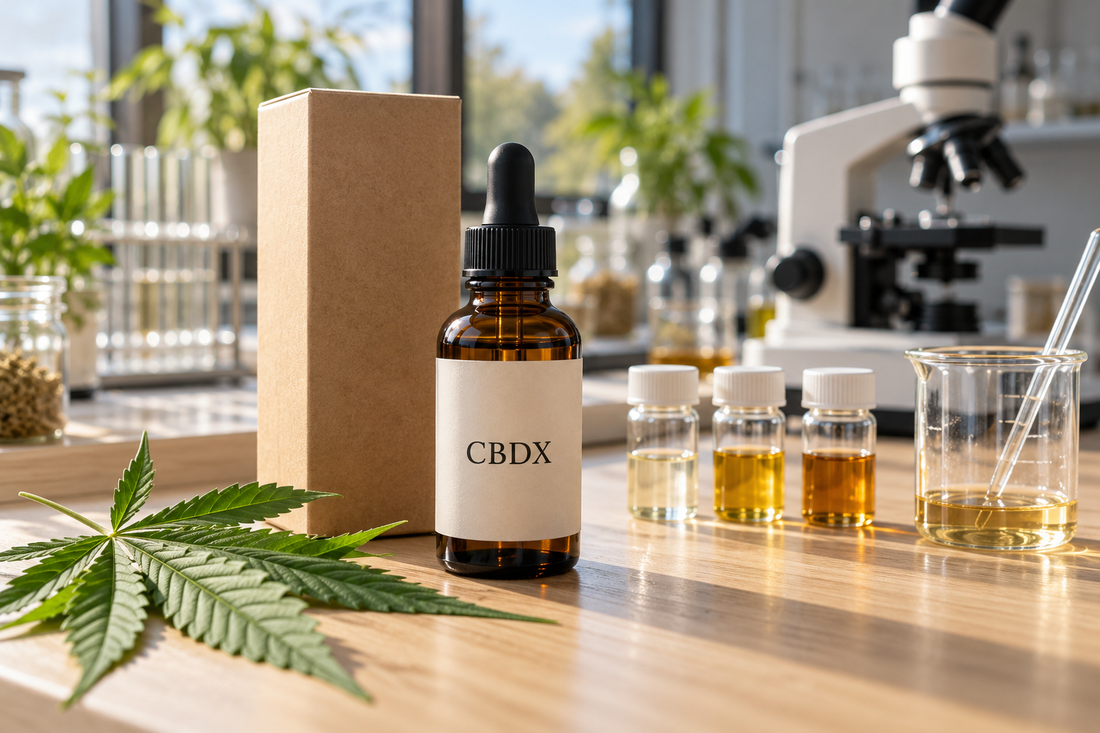 Amber dropper bottle labeled CBDX beside plain packaging, three sample vials, a mixing beaker and hemp leaves on a sunlit laboratory bench.