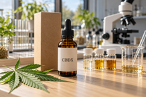 Amber dropper bottle labeled CBDX beside plain packaging, three sample vials, a mixing beaker and hemp leaves on a sunlit laboratory bench.