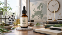 THCP-labelled cannabinoid oil bottle displayed in a natural research setting with laboratory equipment, molecular models, a clock, legal scales and a map of Europe.