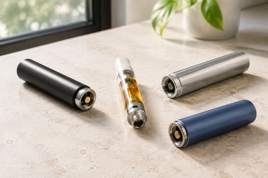 “An amber-filled 510-thread cartridge surrounded by disconnected black, silver, and blue pen batteries with their matching sockets visible.”
