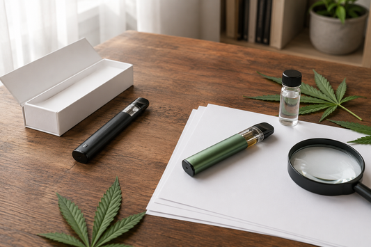 Two unbranded THCX and HHC vape devices compared beside blank laboratory documents, a magnifying glass, sample vial and hemp leaves.