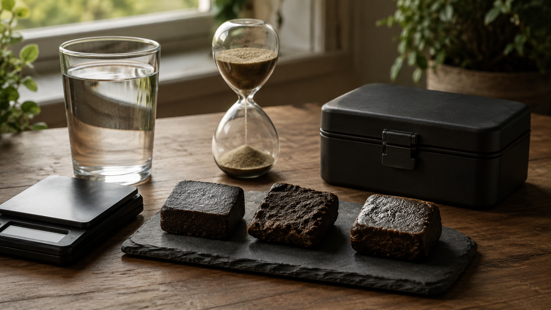Different THCX hash samples displayed with a blank scale, hourglass, water and secure storage box in natural daylight.