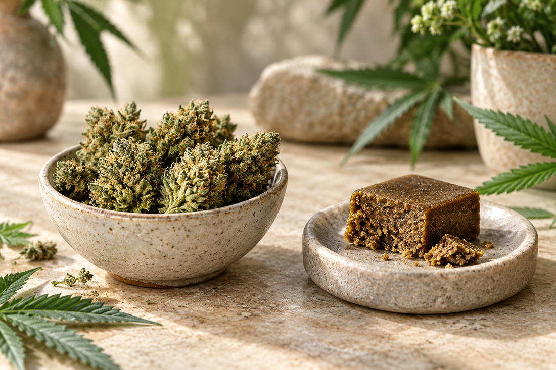 Natural CBD flower buds and golden-brown CBD hash displayed side by side in ceramic dishes.