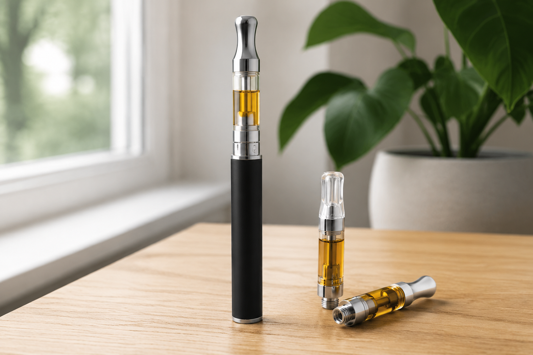 Natural product image of an HHCP vape pen and several HHC-P 510-thread cartridges containing golden oil on a wooden table.