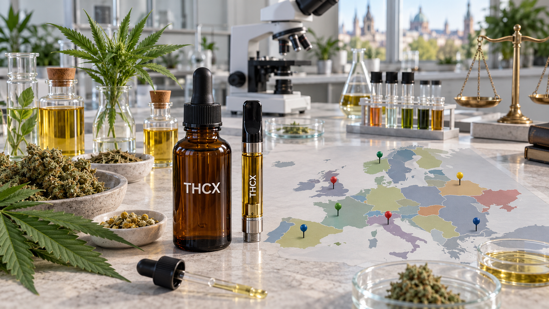 THCX oil and vape displayed with formulation ingredients, hemp, laboratory testing equipment, legal scales and a map of Europe.