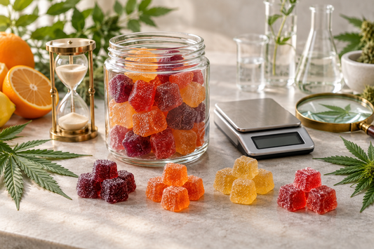 Colourful THCP gummies displayed with an hourglass, precision scale and magnifying glass representing effects, duration, strength and quality.