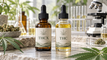 THCX and THC oil bottles displayed side by side with cannabis leaves and laboratory equipment in a natural, bright setting.