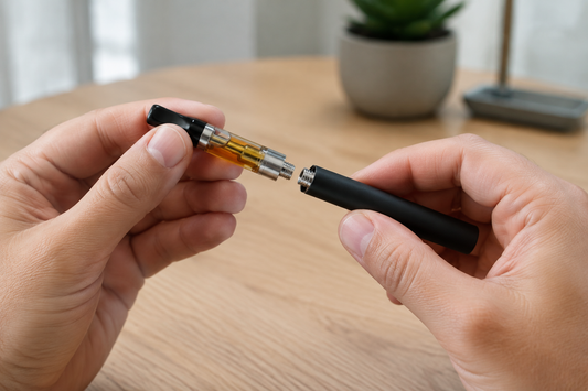 “Adult hands carefully aligning an amber-oil 510-thread cartridge with a slim black battery over a light wooden table.”