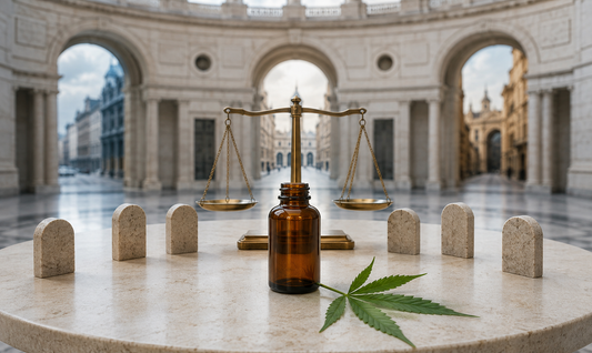 An unlabelled amber bottle and hemp leaf surrounded by stone jurisdiction markers and balanced scales in a European institutional atrium.
