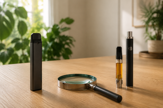 THCX disposable vape compared with a separate golden-oil cartridge and reusable battery beside a magnifying glass.