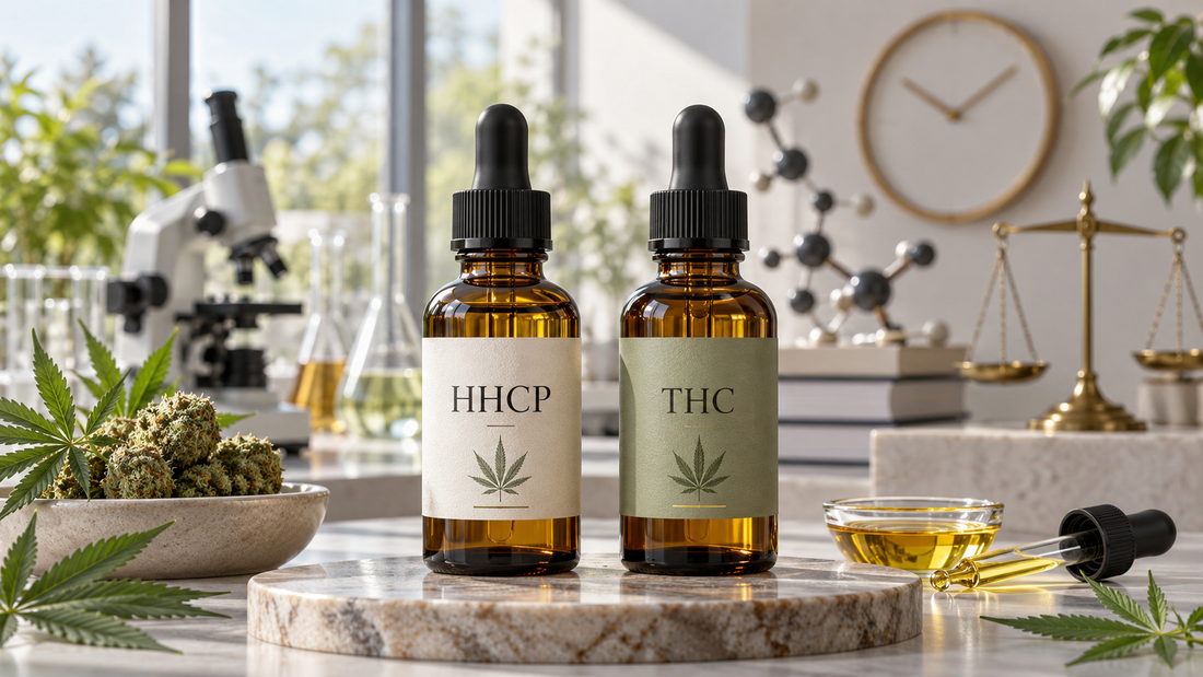 HHCP and THC oil bottles displayed in a natural cannabinoid research setting with laboratory equipment, molecular models, a clock and legal scales.