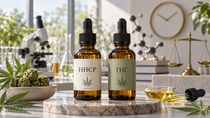 HHCP and THC oil bottles displayed in a natural cannabinoid research setting with laboratory equipment, molecular models, a clock and legal scales.