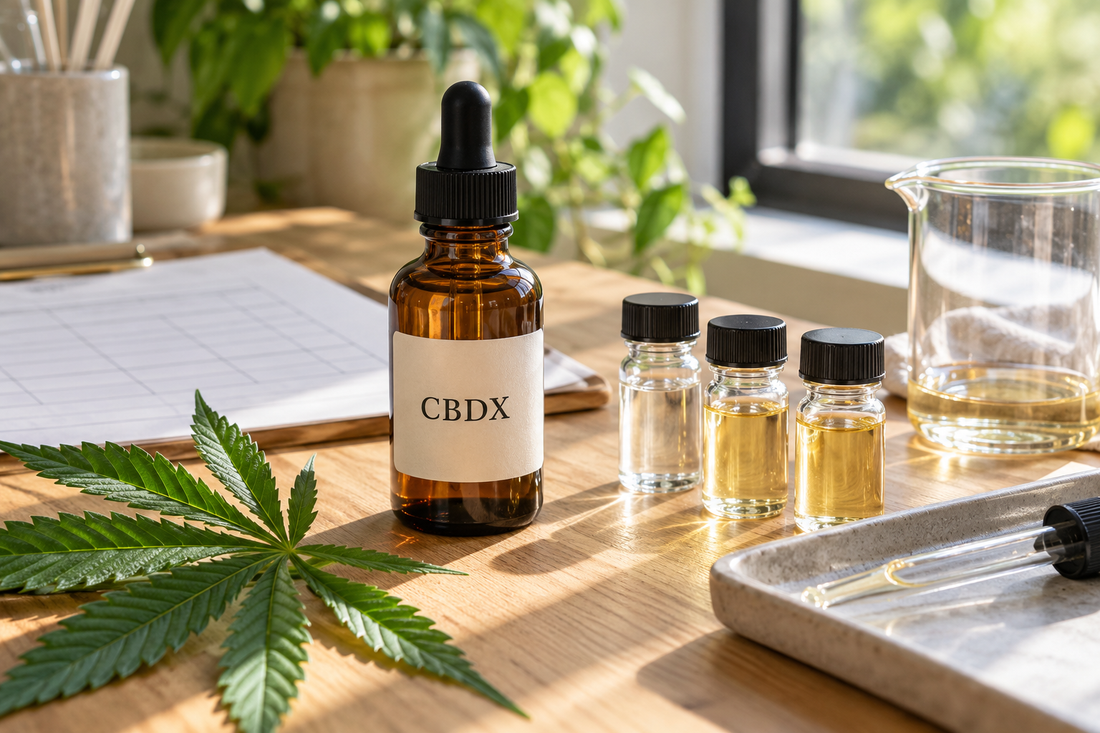 Amber CBDX dropper bottle beside three liquid sample vials, a mixing beaker, glass pipette and hemp leaves on a sunlit wooden bench.