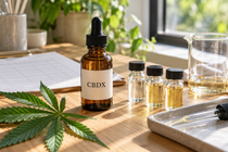 Amber CBDX dropper bottle beside three liquid sample vials, a mixing beaker, glass pipette and hemp leaves on a sunlit wooden bench.