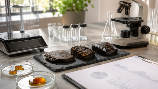 Different THCX hash samples displayed with amber concentrates, a precision scale, microscope and laboratory analysis equipment.