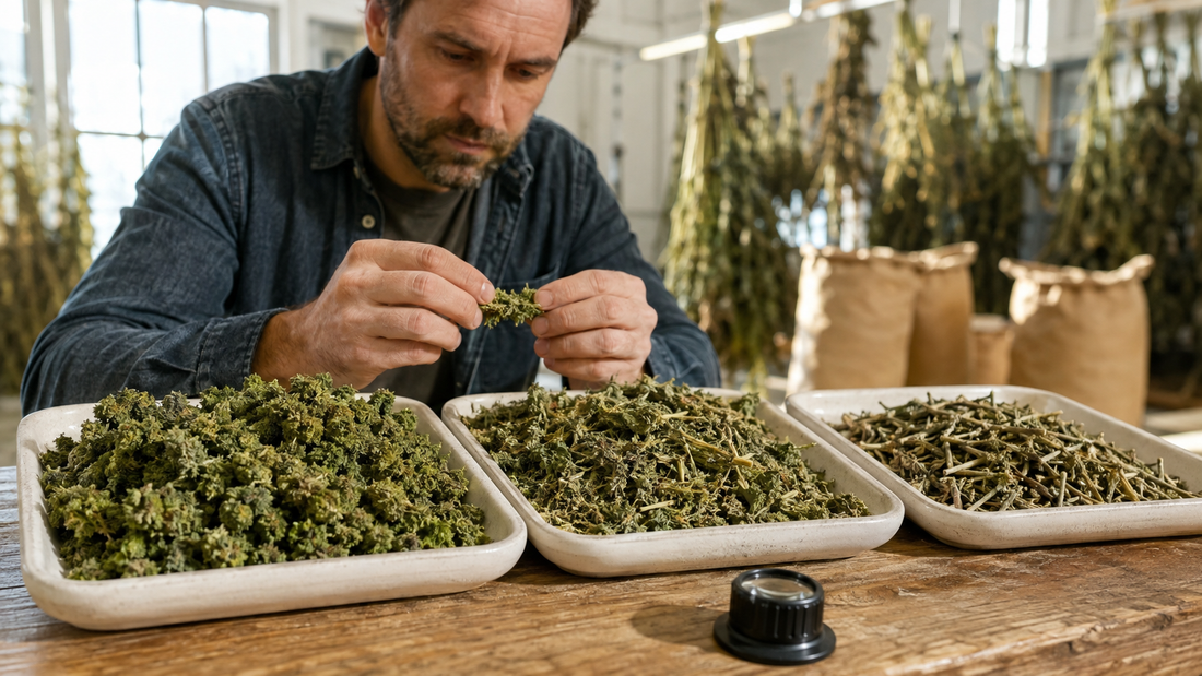 Hemp buyer inspecting trim by hand beside trays of premium flower-rich material, average leafy shake, and coarse stem-heavy hemp.