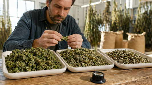 Hemp buyer inspecting trim by hand beside trays of premium flower-rich material, average leafy shake, and coarse stem-heavy hemp.