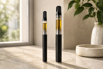 Smaller 1ml-style and larger 2ml-style THCX vape pens compared side by side with different oil reservoir capacities.