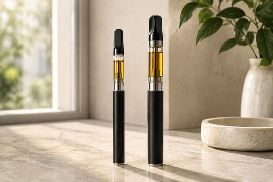 Smaller 1ml-style and larger 2ml-style THCX vape pens compared side by side with different oil reservoir capacities.