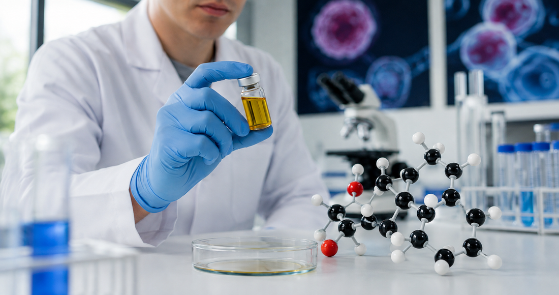 Scientist examining a golden HHCP extract sample beside a cannabinoid molecular model and laboratory equipment.