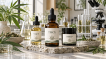 THCX, THCP and HHCP products displayed together with cannabis leaves and scientific equipment in a bright, natural laboratory setting.