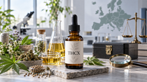 THCX oil bottle displayed with botanical ingredients, laboratory equipment, secure storage, a magnifying glass, legal scales and a map of Europe.