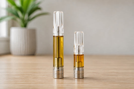 “Large and compact amber-oil vape cartridges standing side by side on a light wooden table, showing their different reservoir capacities.”